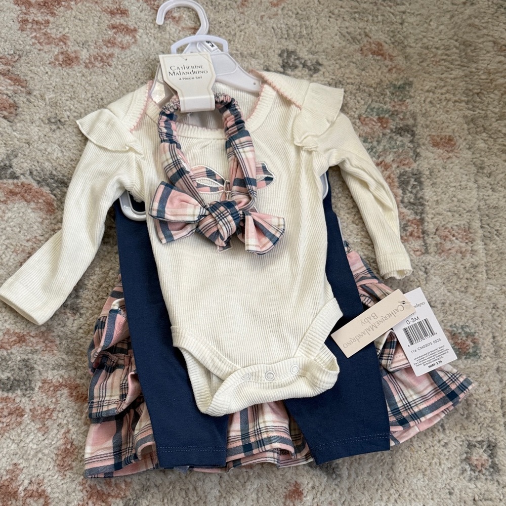 Cream,  Blue and Pink Plaid Baby Dress Set 0-3 month Baby Girl